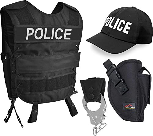 normani SWAT/Police/Security Kostüm für Damen und Herren - Unisex (XS-6XL) - bestehend aus Weste mit Patch, Holster, bestickter Cap, Handschellen + Handschellenhalter Farbe Police Größe M/L
