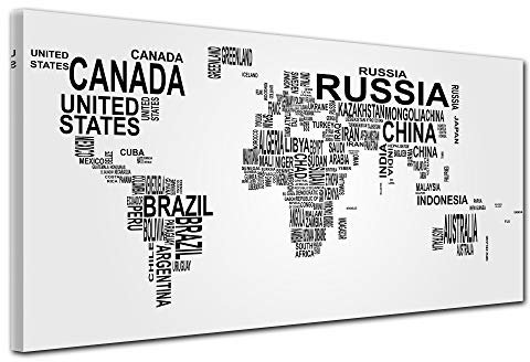 Declina Wanddekoration, Wandbild, Wandbild, Wohnzimmer-Dekoration, Leinwand, Deko, Weltkarte, Landname 60 x 30 cm, Schwarz und Weiß, Leinen, schwarz/weiß, 60 x 30 cm