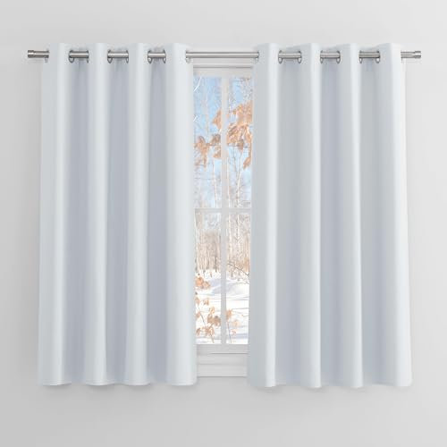 PONY DANCE Wohnzimmer Gardinen Modern Kurz Gardienen 2-Set Vorhänge Weiss Blickdicht Ösenvorhang Verdunkelung Kurz Gardine Kücke, H 114 x B 132 cm, Grau-weiß