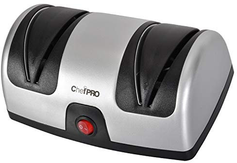 CHEF PRO ELECTRIC KITCHEN KNIFE SHARPENER AND POLISHING SYSTEM by , 2-Stage Sharpening, Compact And Easy-to-Use Design, Suction Cup Bottom and Easy Cleaning, Black-Silver