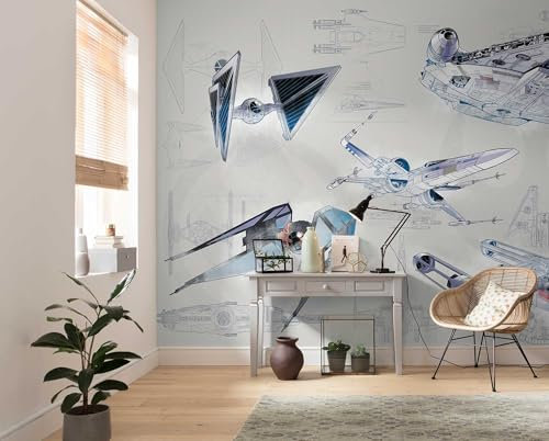 Komar Star Wars Blueprint Light | Größe: 400 x 280 cm (Breite x Höhe), Bahnbreite 50 cm | Tapete, Wandbild, Dekoration, Wandbelag, Kinderzimmer, | DX8-078 Vlies Fototapete, blau, grau
