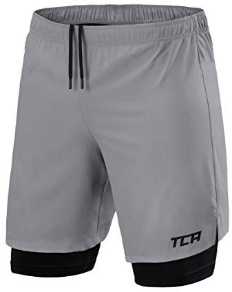 TCA Ultra Sporthose Herren kurz 2 in 1 mit Tasche - Kurze Sport Shorts Trainingshose mit Taschen - Laufhose mit Kompressions Innenhose und Reißverschluss Handytasche - Hellgrau, XXL