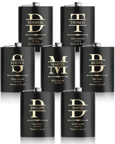7 Pieces Personalised Hip Flasks for Groomsmen Gifts, 8oz Engraved Alcohol Flasks for Wedding, Customised Whisky Hip Flask for Bachelor Stag Party, Father of the Bride Gifts (Black)