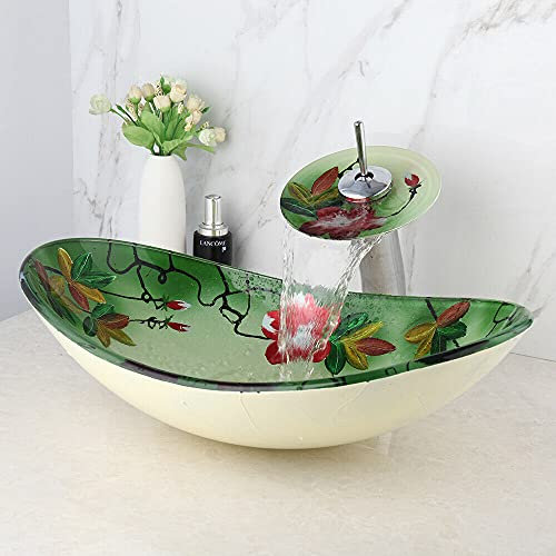 Homelava Combo de fregadero y grifo de baño recipiente de vidrio templado artístico sobre encimera fregadero con grifo desagüe oculto y fregadero con tubería de agua