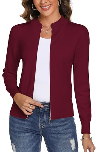 Aottori Damen Langarm Stehkragen Strickjacke Pullover Cardigan mit Reißverschluss Sweatshirt Casual Einfarbig Strickmantel Freizeit Jacket Outerwear Weinrot M
