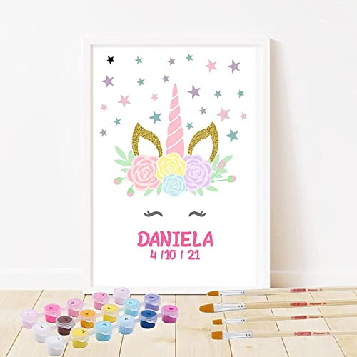 Didart Handmade Regalo Niños. Pintar por Números Personalizado con Nombre. Marcos incluidos, sin clavos. DIY Pintura Manualidades Decoración habitación infantil. (UNICORNIO)