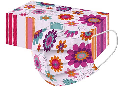 Jiabing 50 Stück Einweg Erwachsene Mundschutz Blumen Mund und Nasenschutz Blumenmotiv 3-lagig Einmal MNS Halstuch Makse Frühling Sommer Staubdicht Atmungsaktiv Mund-Tuch Bandana Schals