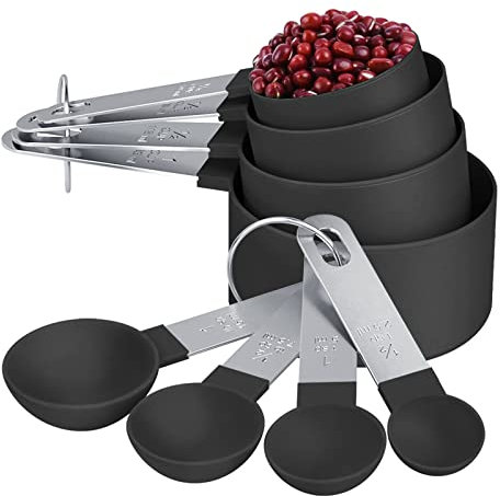 Ruiao 8Pcs Measuring Spoons Sets Plastic Measuring Cups Tools Sets with Stainless Steel Handle (Black)