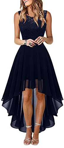 Onsoyours Robe de Cocktail Femme Longue Robes Soirée en Dentelle Mousseline de Soie Robes Chic Elégant sans Manches Sexy Robe Asymétrique B Marine 3XL