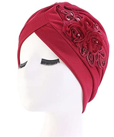 GIVBRO Pailletten Turban Kappen 3D Blume Kopfbedeckung Samt Wrap Haarkappe Plissee Stirnband Chemo Hüte Nightcap für Frauen Haarausfall Hut Rotwein