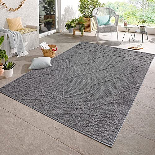 Carpetsale24 In & Outdoor Bouclé Teppich Läufer wetterfest Grau 80x150 cm Skandinavische Boho Design 3D Hoch Tief Effekt ideal für Flur Balkon oder Küche