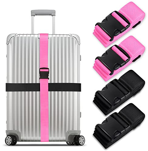 Koffergurt Set, gepäckband, kofferbänder, koffergurte Personalisierte Identifikation Verstellbare Rutschfestes Reisezube (Schwarz Rosa, 4 Stück Set)
