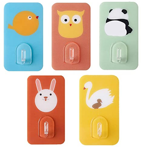 YUEYIXII 5 Pcs Cute Animal Wall Hooks - Self Adhesive, Strong Hanger for Kids' Clothes, Coats, Towels, Key Bags