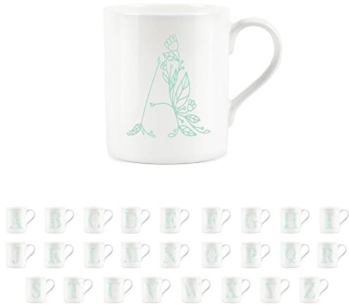 Purely Home Floral Green Letter A Mug - Fine Bone China Small Coffee Tea Mug Present Personalised Initial Gift
