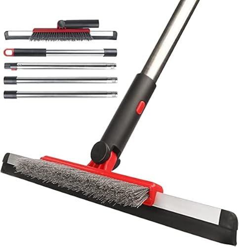 Raclette à récurer pour sol avec poignée réglable de 137,2 cm, raclette à eau avec brosse à joints, brosse à joints pour garage, cour, verre, salle de bain, cuisine, mur, carrelage (rouge)
