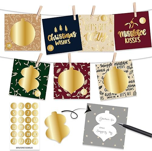 Papierdrachen Individueller Adventskalender mit Rubbelkarten 12x12cm - 24 Karten zum Personalisieren, Zahlenaufkleber (gold), Kordel und Holzklammern zum Aufhängen - Christmas Patterns - Set 03