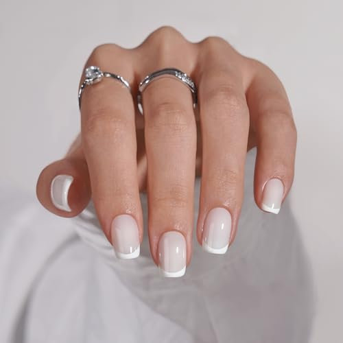 BTArtbox Stick On Nails French Tip - Short Square False Nails with Glue, 30 Pcs Soft Gel Press on Nails in 15 Sizes, Reusable Semi Transparent Fake Nail for Women, White Classic French