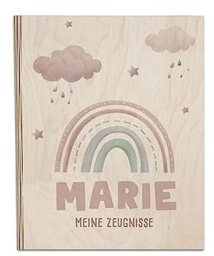 Personalisierte Zeugnismappe aus Birkenholz - Individuelles Geschenk zur Einschulung mit Namen - DIN A4 - Zeugnisringbuch Mädchen & Jungen - hellomini (Regenbogen rosa)