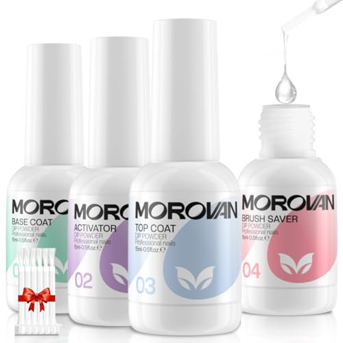 Morovan Dip Powder Liquid Set with Activator Base Top Coat and Brush Saver 4pcs 0.5oz for Nail Kit, Clear