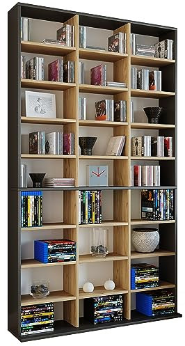 VCM Holzregal Megosa XL | Stehend | Platzsparend | 21 Regalböden | 1080 CDs oder 504 DVDs | Modernes Standregal für Wohnzimmer