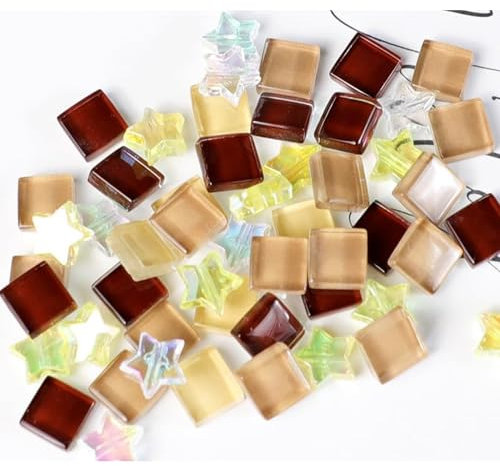 200g Carreaux de Mosaïque Tesselles en Verre Colorées, Carrés et Étoiles, Petits Morceaux de Mosaïque en Verre pour Loisirs Créatifs, Décoration (Café)