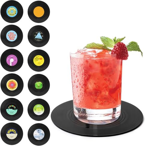 Lot de 12 Dessous de Verre, UKOFEW sous Verre pour Disque Vinyle, Différents Modèles sous Bock, Antidérapant Coaster, Style Rétro, Dessous de Verre Lavable pour Boissons, Tasses, Bar, Verre