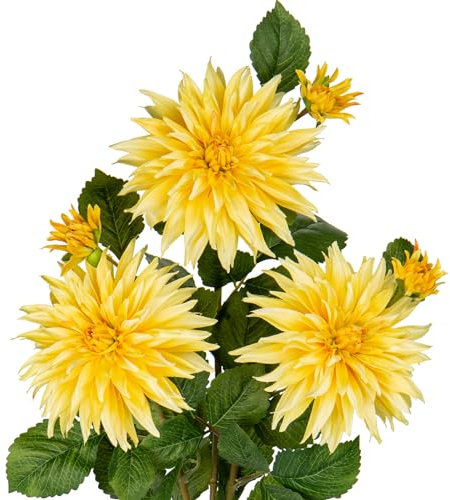 Hollyone 3PCS Gelb künstliche Dahlie Blumen, 75cm gefälschte große Seidenblumen mit langem Stiel für Florale Arrangements, Faux Dahlien Blumen für DIY Hochzeit Party Mittelstücke Haus Büro Dekoration