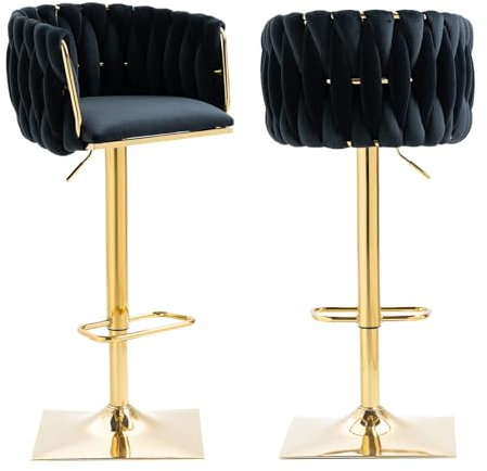 AUKWIK 2er Set Barhocker höhenverstellbar, Schminktisch Hocker drehbar aus Samt, Gepolsterter Drehstuhl Esszimmer, Küchenstühle mit Rückenlehne, Schwarz