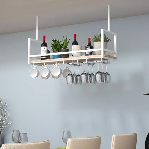 Drsyffsup Weiß weinregal, Deckenregal, hängendes Weinregal Hängeregal, Pflanzenständer, Decken-Weinregal Wandregal, Weinflaschenhalter mit 2 Arten Weinglashalter, Heimdekoration (Size : 80x30x60cm)