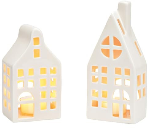 matches21 Skandinavische Lichthäuser im Set für Teelichter - Weiße Teelichthalter Leuchthäuser aus Keramik - Hygge Windlichter als Weihnachtsdeko für Wohnzimmer, Schlafzimmer, Flur 13 cm & 17