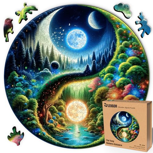 LEOGOR Yin Yang Natures Balance – Holzpuzzle Erwachsene Yin Yang, 500 Teile – 45,6 × 45,3 cm – 5 mm Dickes Holz, handgeformte Teile, rundes Mosaikdesign – Magisches Holz Puzzle für Puzzle-Liebhaber