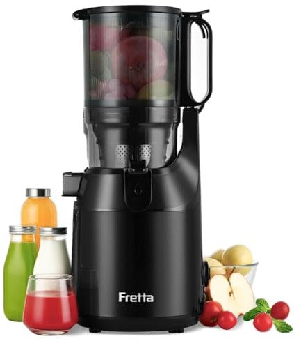 Fretta Entsafter Slow Juicer mit 135mm-1.8L XXL Öffnung,Entsafter Gemüse und Obst,250W MAX Mastizier- für Ganze Früchte,Einfache Reinigung BPA-frei | Tritan Material (Schwarz)