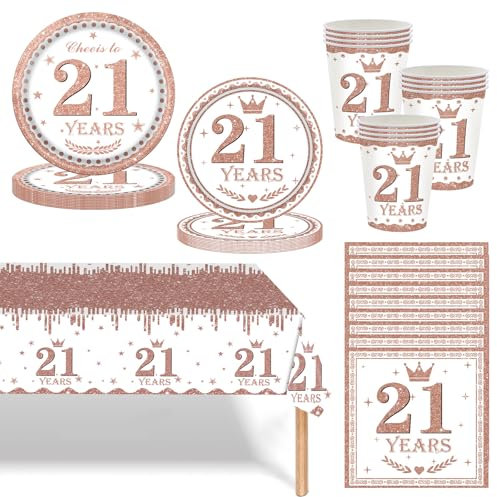 Rose Gold 21st Birthday Party Tableware Set,69pcs 21st Birthday Dinnerware Rosegold Party Paper Plates Cups Napkins and Tablecloth for 21 Years Old Lady Birthday Gifts Party Supplies Table Décor
