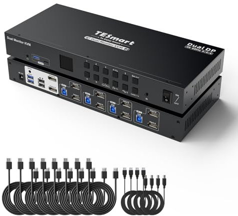 Conmutador KVM TESmart 4K@60Hz para 4 PC y 2 Monitores, DisplayPort 1.4, KVM Switch USB 3.0, EDID, Audio, Micrófono, Carga de Teléfono USB-C de 7,5 W, Control Remoto, Teclado, Mouse y Botones