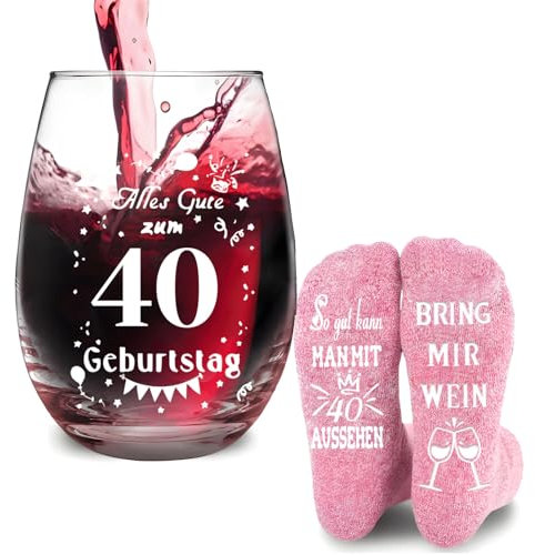 40 Geburtstag Frauen & Männer Geschenk, 530ml Weingläser mit Lustigen Socken mit Spruch ‘’Alles Gute zum 40 Geburtstag‘’, 40. Geburtstagsgeschenk Personalisierte Geschenk zum 40. Geburtstag
