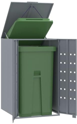 qohoio Wheelie Bin Storage for Single Bin Grey 69x79x117 cm Steel,Garden Wheelie Bin Hideaway Waste Bin,Storage Shed w/Locking Doors Assisted lift up Lid easy use Outdoor Hygienic Dustbin Unit Cover S