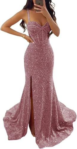 HPPEE Robe de soirée formelle à paillettes scintillantes pour femme avec bretelles spaghetti et col en V, vieux rose, 38
