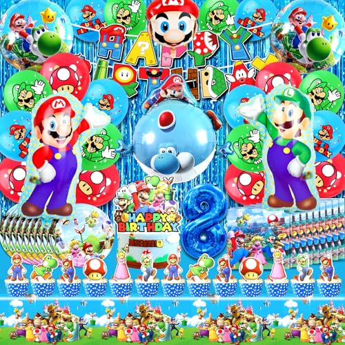 83 Stück Mari 8 Jahre Geburtstagsdeko Luftballons, Super Mari Geburtstag Deko 8 Jahre, Super Mari 8 Jahre Dekoration Geburtstag Mädchen Junge, Super Mari Partygeschirr Thema Dekoration