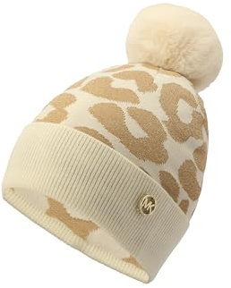 Michael Kors Damen Mütze mit Metallic-Leopardenmanschette, stilvolle Beanie, modisches Accessoire, Creme-Gold-Metalli, Einheitsgröße