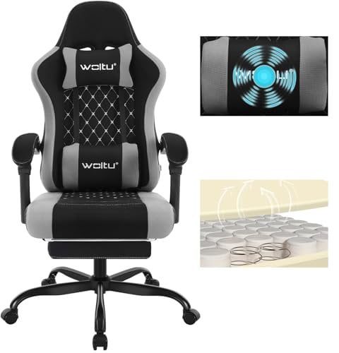 WOLTU Gaming Stuhl mit Massagefunktion, Computerstuhl Ergonomisch, Taschenfederkissen, Lendenmassage, Kopfkissen, Fußstütze, Drehstuhl, 150 kg, Netzstoff, Schwarz+Grau