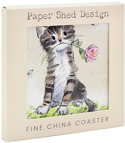 The Leonardo Collection Paper Shed Design Cat with Rose Coaster For Office Home & Kitchen | Lovely Coaster Set For Decorative Home Accessories Drinks Coasters For Tea & Coffee