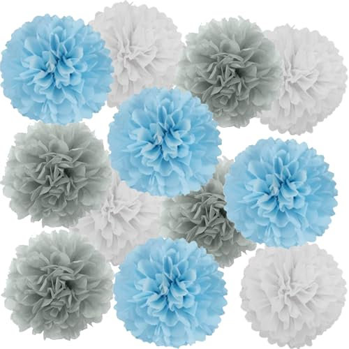 We Moment Zone 12 Stück Papier Pompons Set,Blau Grau weiß Pom Poms Papier für Babyparty Deko Junge, Baby Shower Deko Boy