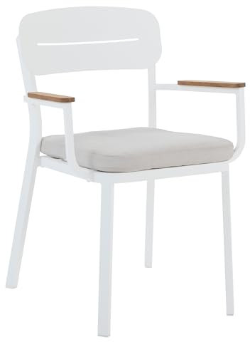 Dehner Gartenstuhl Marbella, stapelbar, mit Armlehne und Polster, Sitzhöhe 47 cm, Sitzfläche 49 x 41 cm, Aluminium/Textilien/FSC®-zertifiziertes Teakholz, weiß
