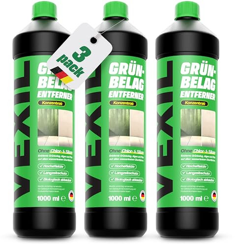 VEXIL® Grünbelagentferner Konzentrat – entfernt Algen, Moos, Pilze & Flechten – für Stein, Holz, Wände, Markissen und mehr – 3x 1L für bis zu 300 m² – frei von Chlor & Säuren – Made in Germany
