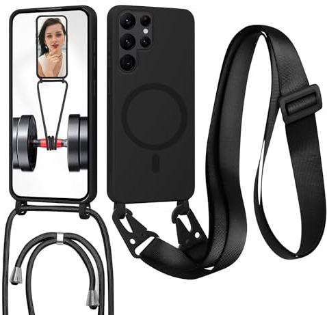 GoodcAcy Handykette Hülle für Samsung Galaxy S23 Ultra mit Band Halsband Lanyard (abnehmbar) Handyhülle, Kordel zum Umhängen,Magnetisch Stoßfest Silikonhülle Wireless Charging kompatibel,Schwarz