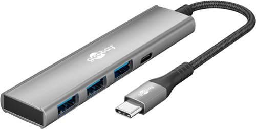goobay Hub USB 3.2 with 4 ports 5Gbps High-speed multiport adapter, aluminium housing, compatible with iPhone, Android, SSD, Windows/macOS/Linux, 76562