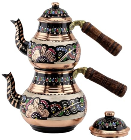 Turkish Tea Pot Set, Handmade Copper Kettle with Wooden Handle and Lid, Double Teapot 500ml & 900ml for Stove Top, Vintage Antique Floral Home Decor, Housewarming Gift