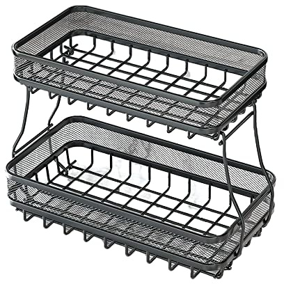 Pongnas 2 Tier Obstkorb Küche Arbeits Platte Organizer mit Fettdruck Kohlenstoffstahl-Maschendraht-Schüssel für Brot Gemüse Obst Abnehmbarer Metall Rechteckiger Draht Korb