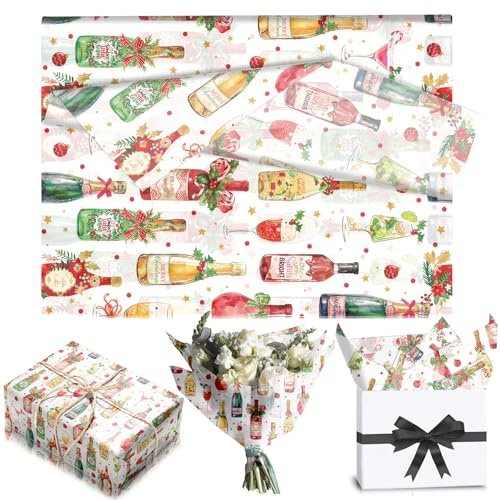 50 Sheets Christmas Wine Bottle Tissue Paper for Wrapping Gifts,50x35cm Colorful Xmas Tissue Paper Sheets for Packaging Gift Bags,Gift Wrapping Paper for Crafts DIY Christmas New Year Decorations