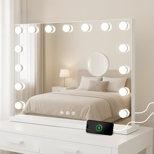 Bayt Hollywood LED-sminkbord, 58 x 46 cm, Bluetooth, USB, vitt | 3 ljustemperaturer, justerbar taktil intensitet, USB-port, avtagbart 10 x förstoringsglas, sockel eller väggmontering